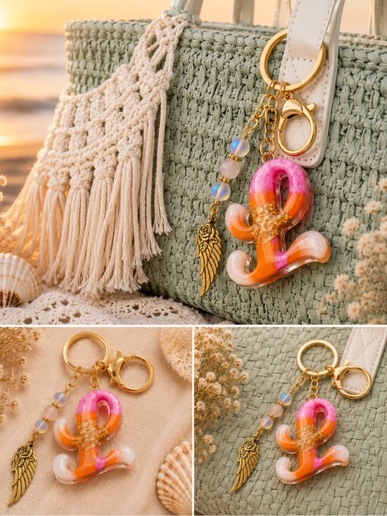 Artisan Handbags - Custom Rose Quartz Initial Letter “ L” Keychain with Gold Accents